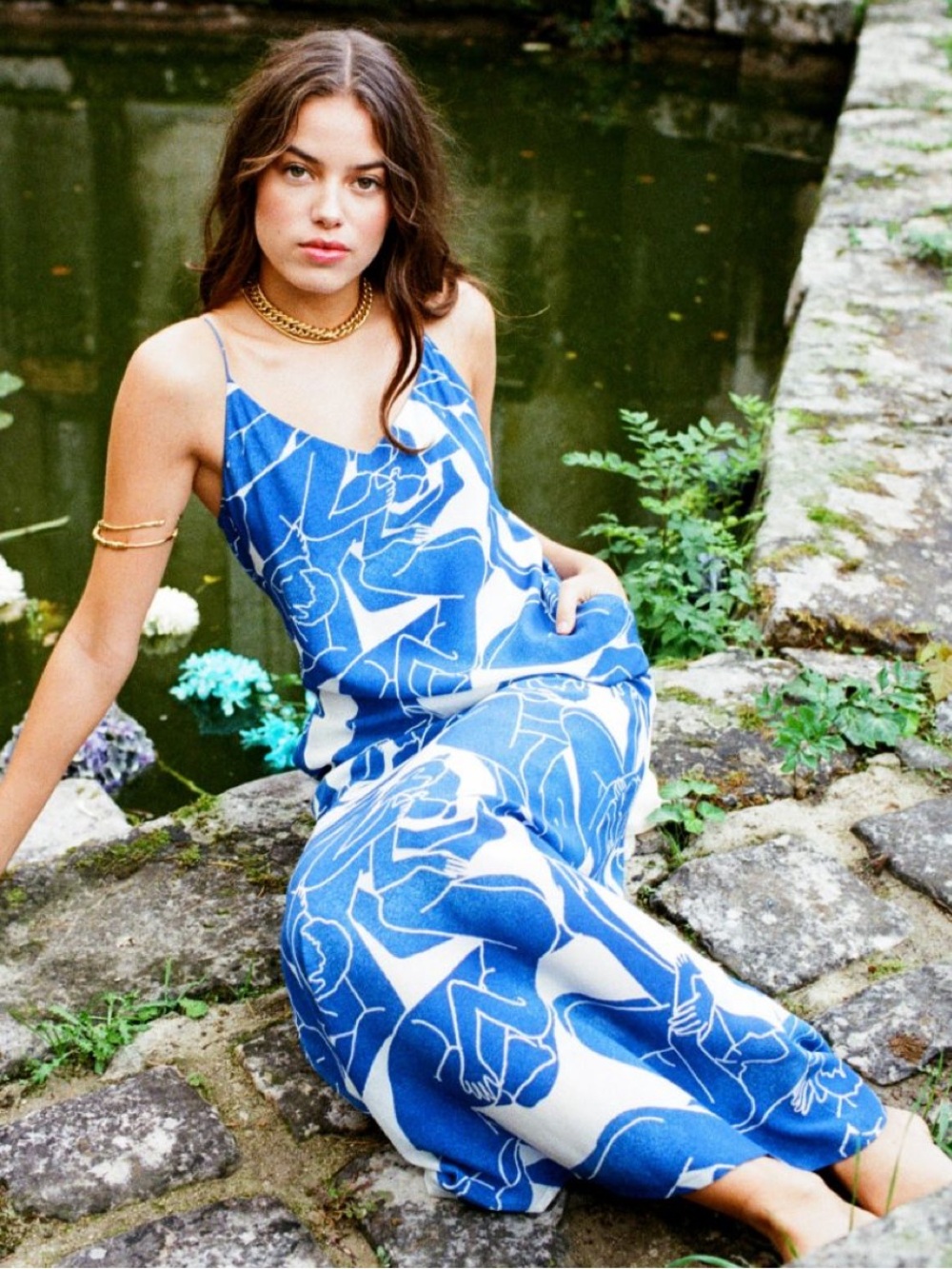 Fete Imperiale Blue Print Maxi Slip Dress